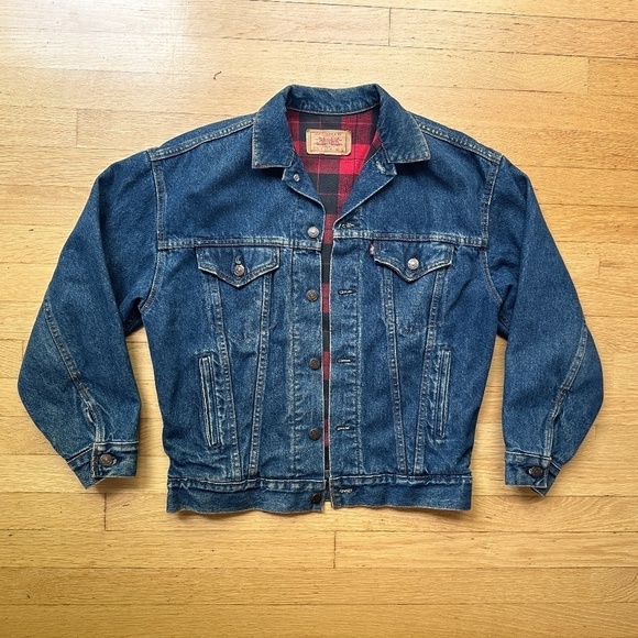 VTG Levi's Jeans Denim Trucker Jacket Red Buffalo Plaid Lined Youth L Adult S - Picture 1 of 13